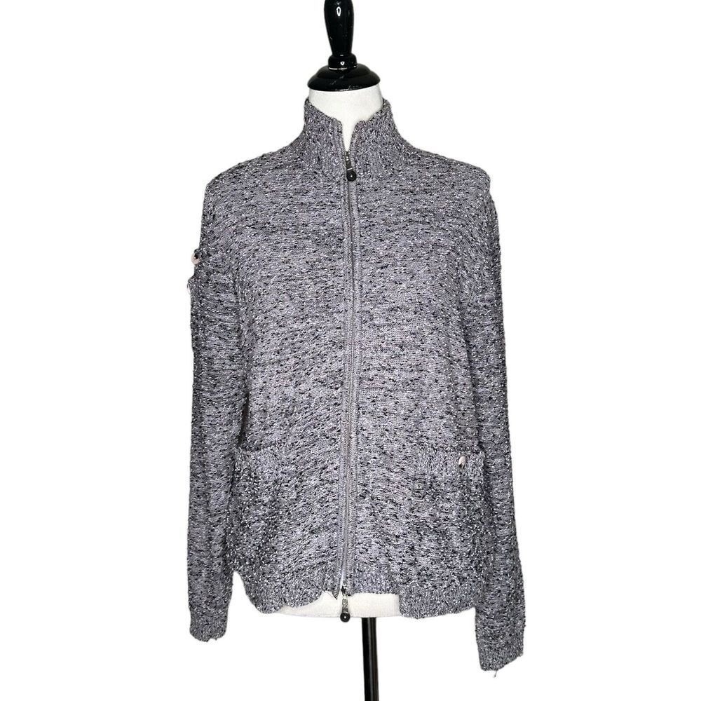 Jamie Sadock Golf Jacket Sweater Full Zip Mock Neck Textured Knit L Gray Black